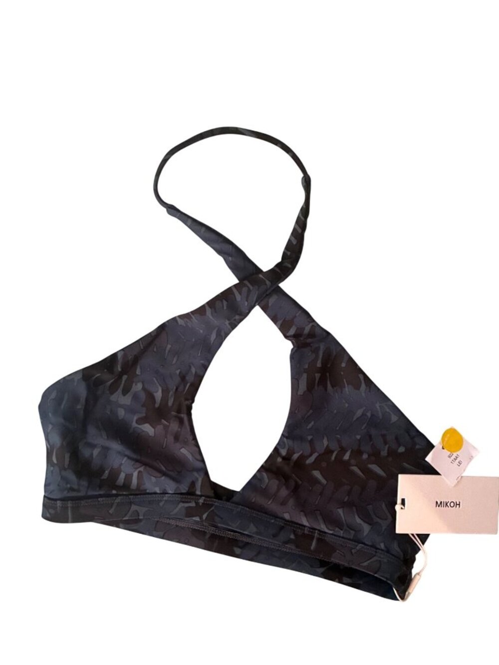 Mikoh Blue Black Halter Bikini Top Leafy Print Stretchy Large Lei High Neck NWT‎